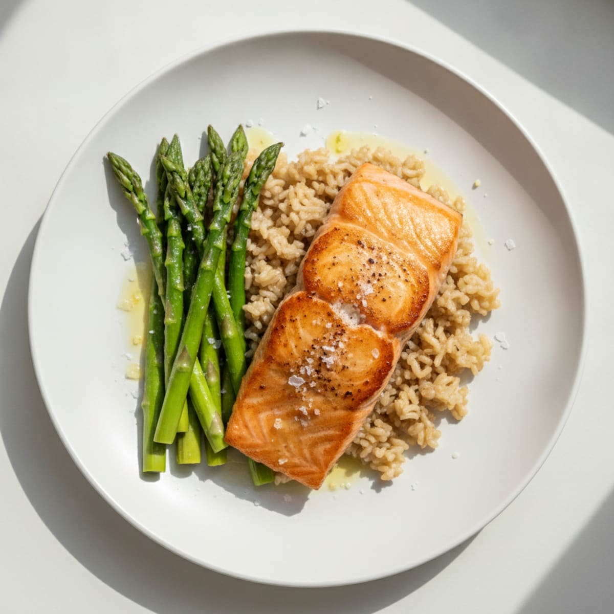Seared Salmon Fillet with Steamed Asparagus and Brown Rice
