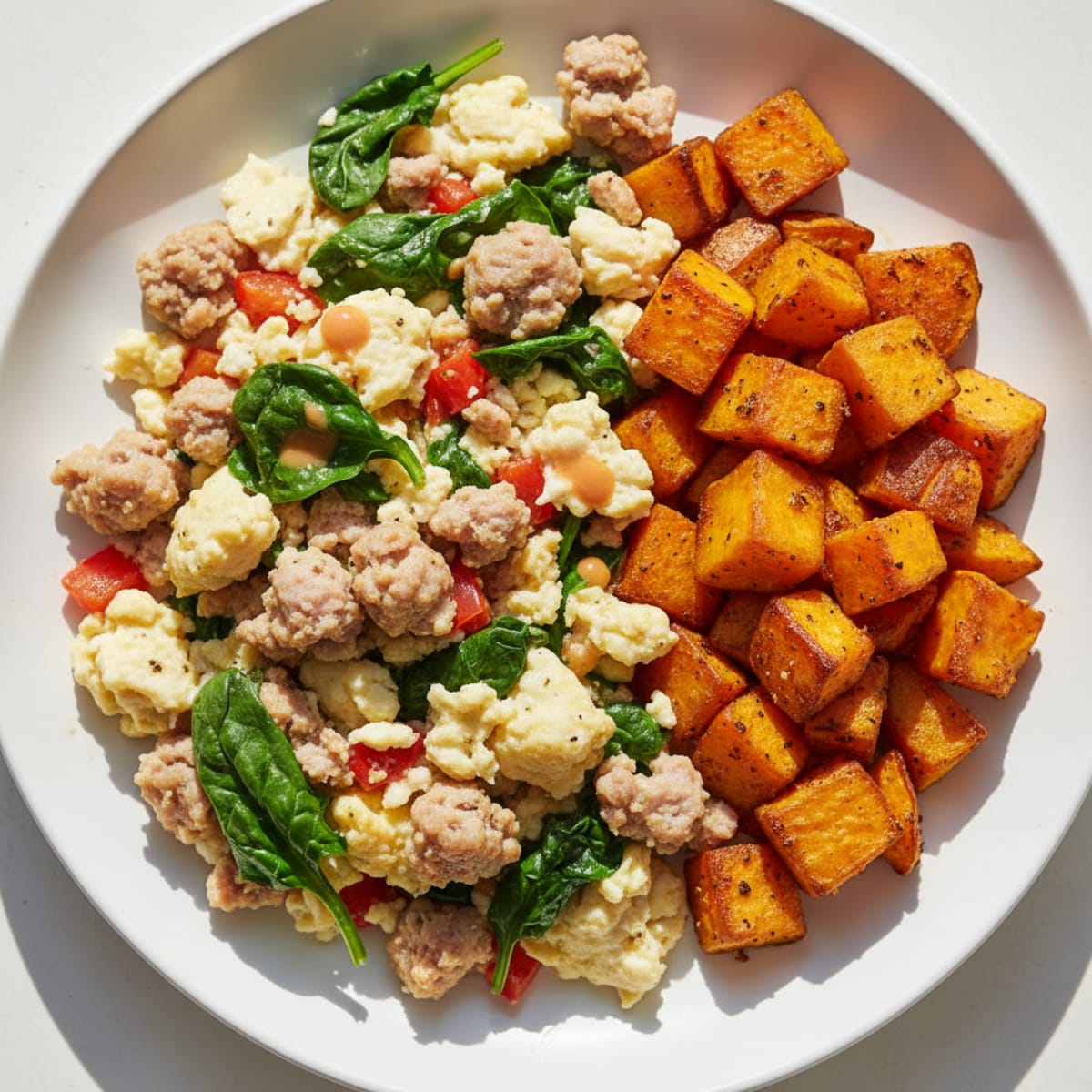 Egg White and Turkey Sausage Scramble with Roasted Sweet Potato