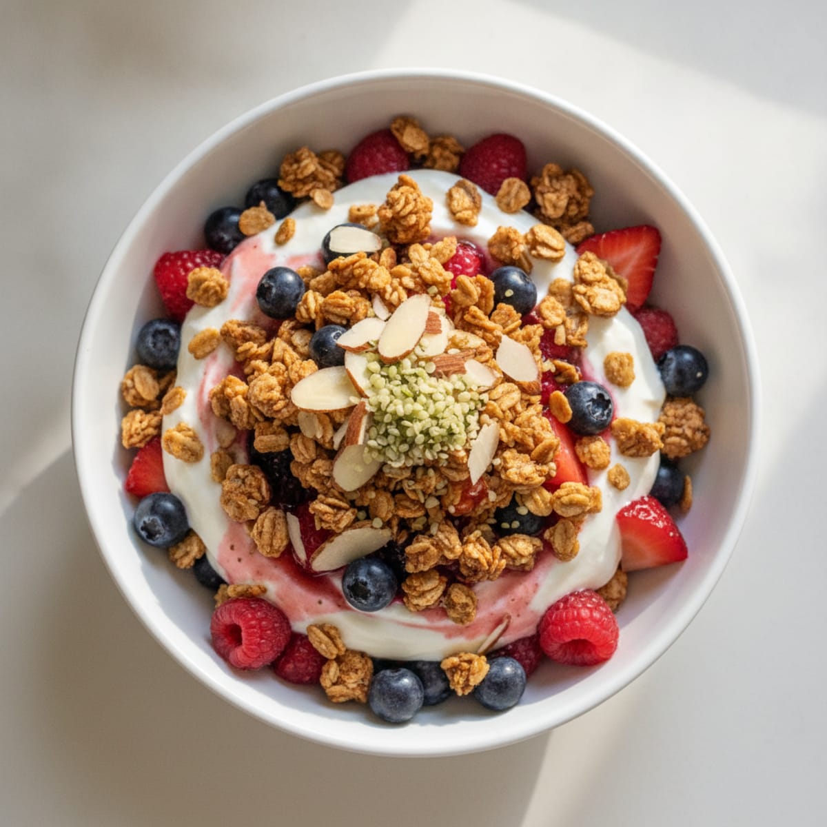Greek Yogurt Parfait with Crunchy Almond Granola and Mixed Berries
