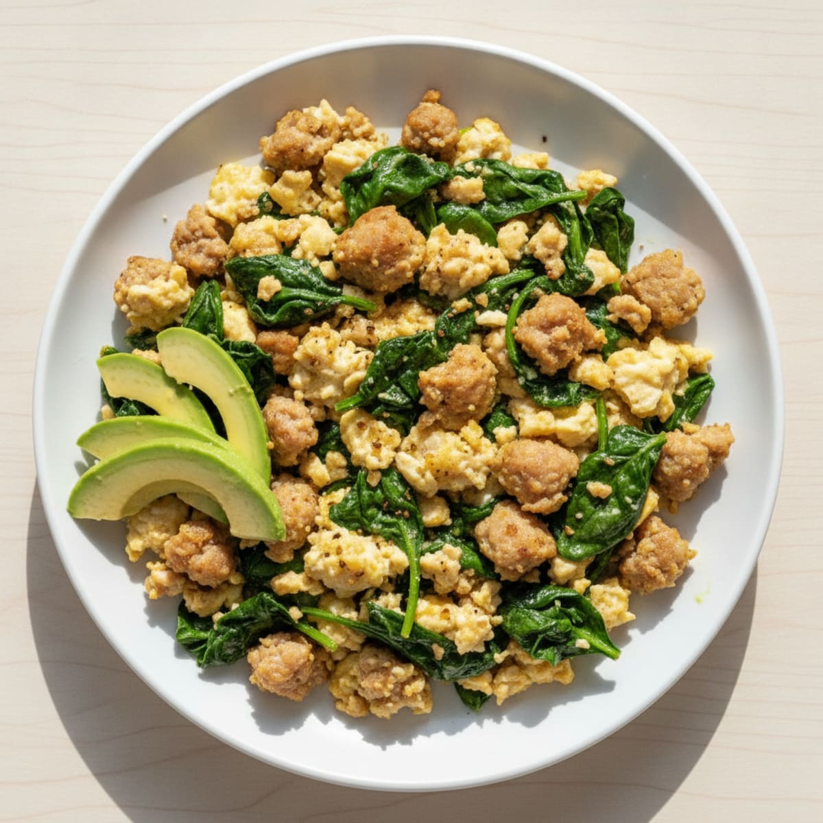 Egg White and Turkey Sausage Scramble with Sautéed Spinach