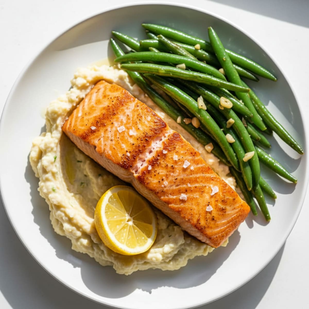 Seared Salmon with Garlic Green Beans and Cauliflower Mash