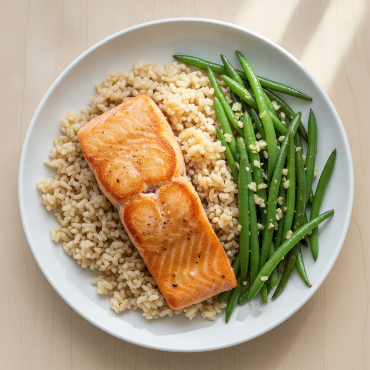 Seared Salmon Fillet with Garlic Green Beans and Brown Rice