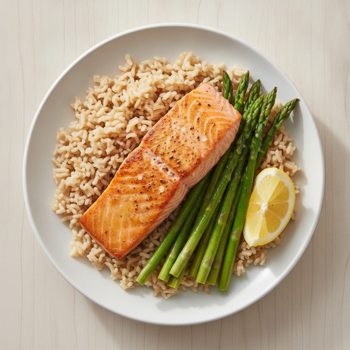 Seared Salmon Fillet with Steamed Asparagus and Brown Rice