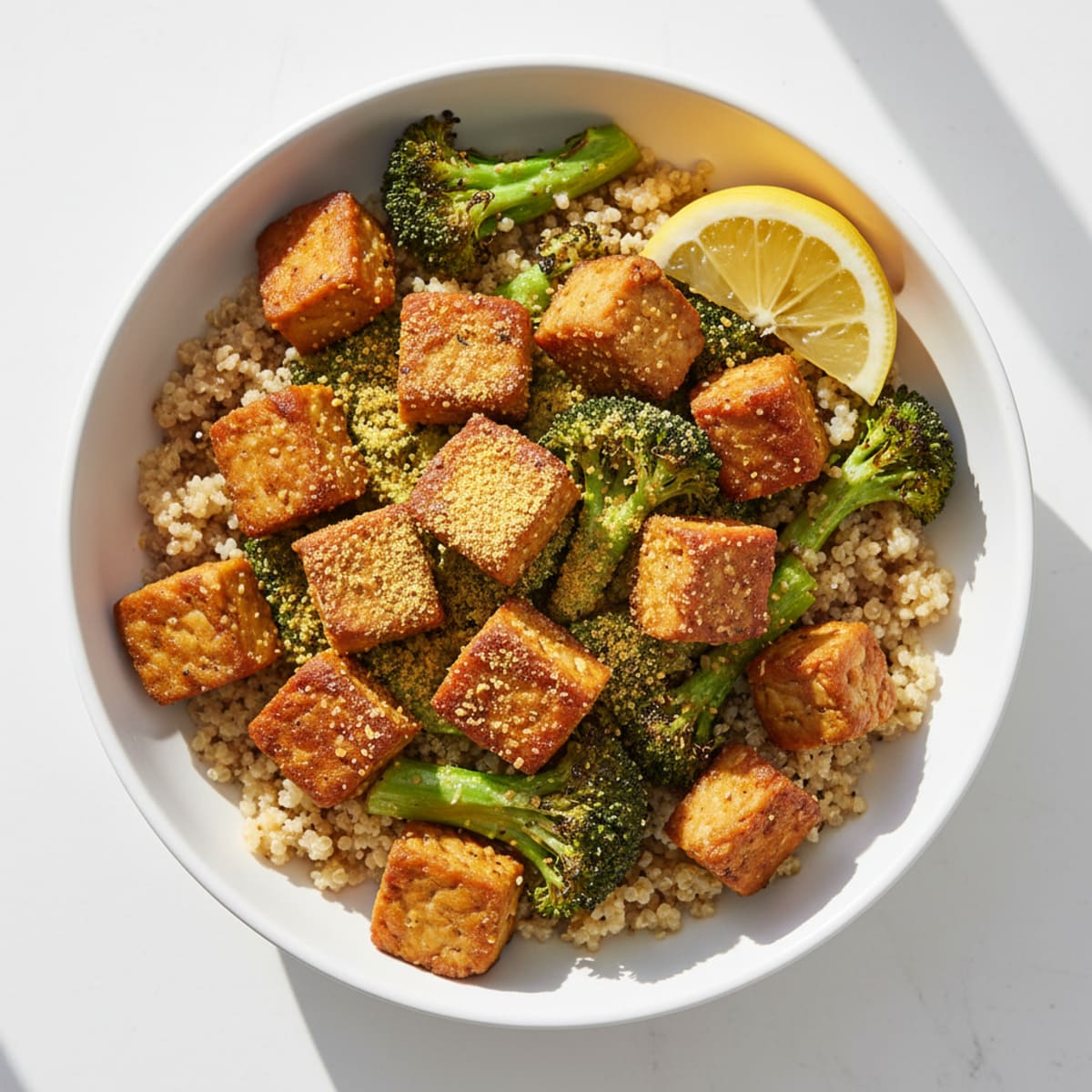 Crispy Tempeh Power Bowl with Quinoa and Roasted Broccoli