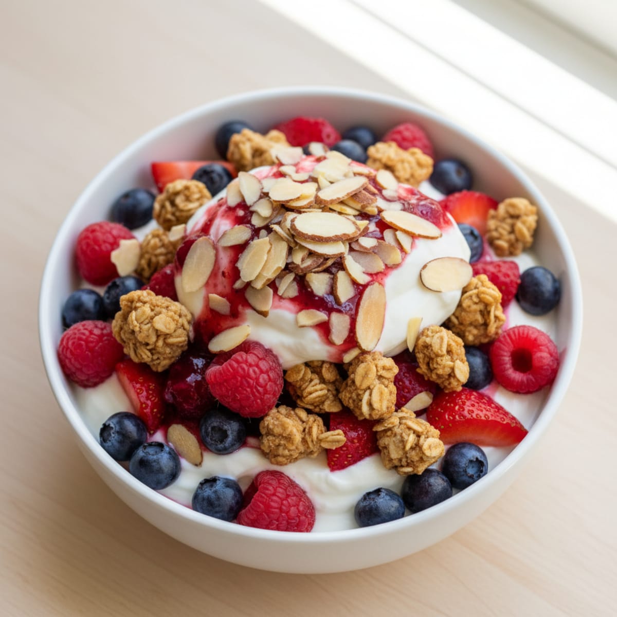 Greek Yogurt Parfait with Mixed Berries and Crunchy Almond Granola