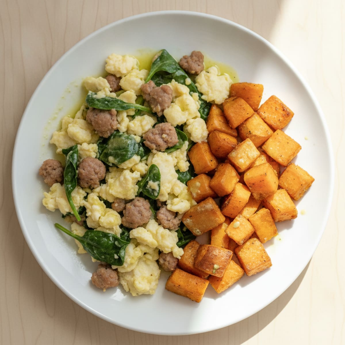 Egg White Scramble with Turkey Sausage and Roasted Sweet Potatoes