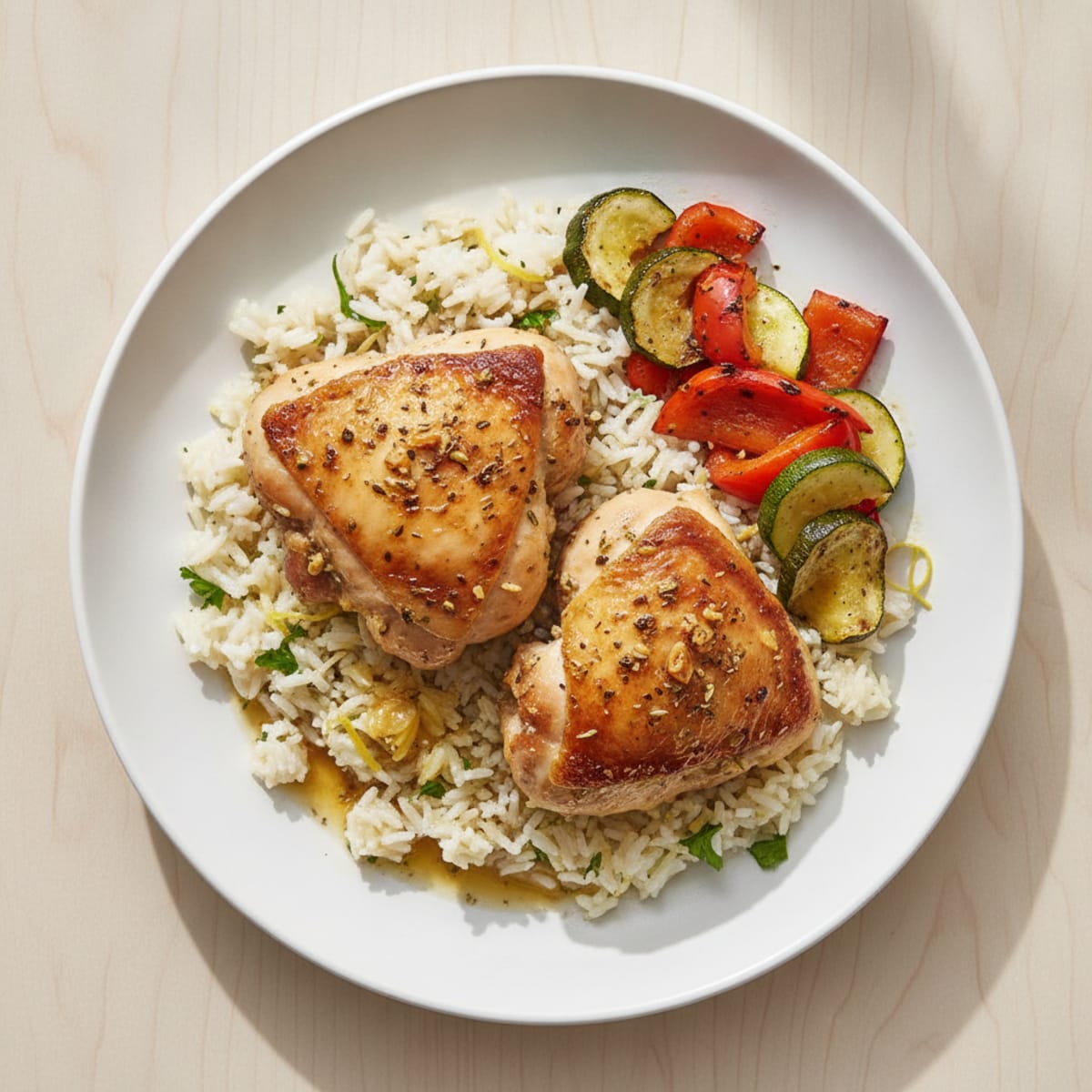Herb-Roasted Chicken Thighs with Lemon Rice and Roasted Vegetables