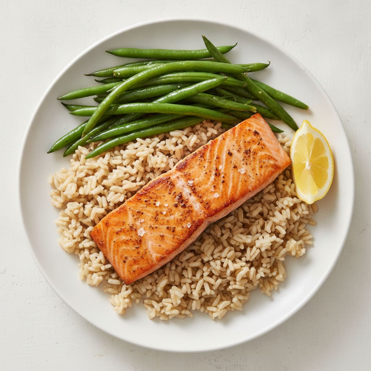 Seared Salmon Fillet with Steamed Green Beans and Brown Rice