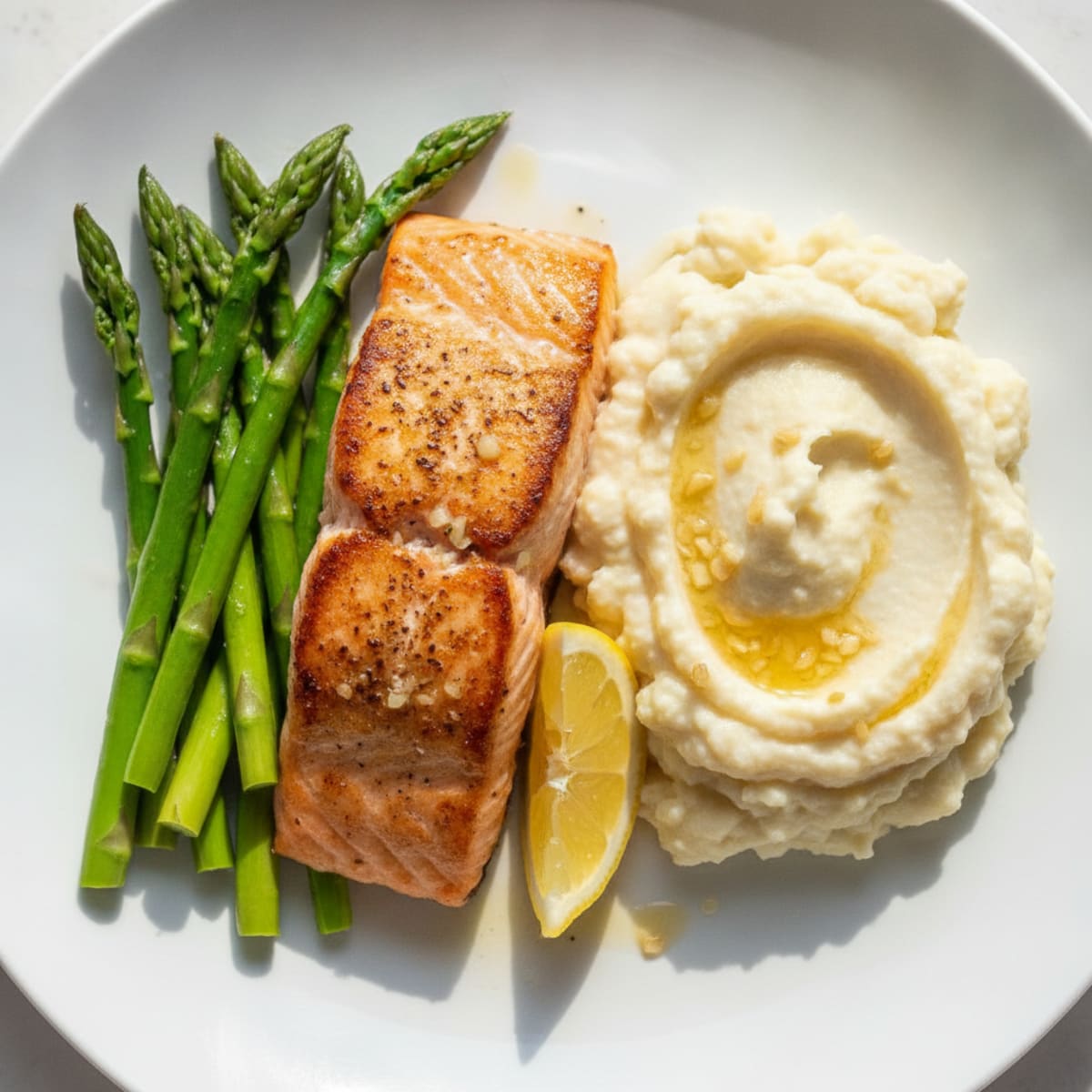 Seared Salmon with Steamed Asparagus and Cauliflower Mash