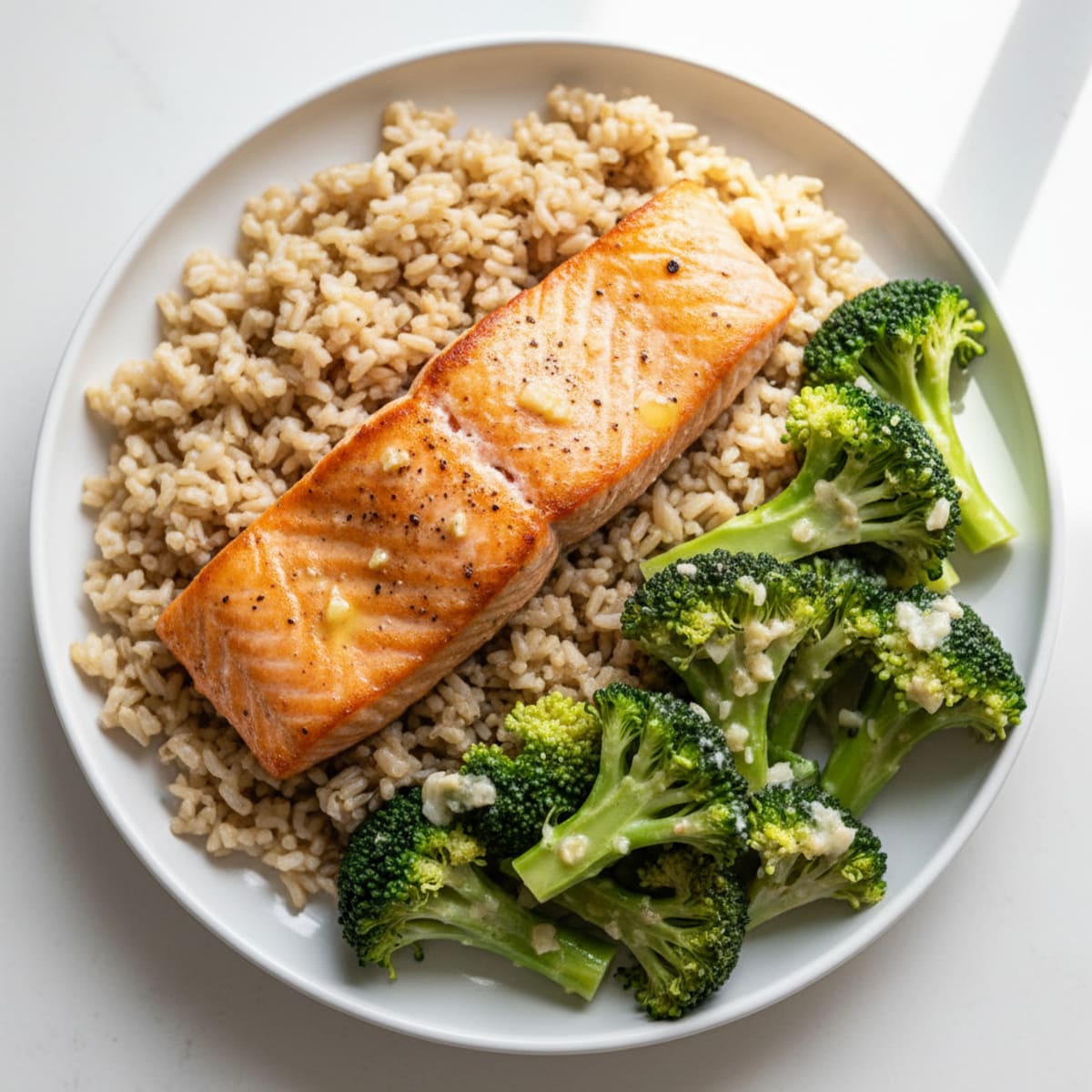 Seared Salmon Fillet with Creamy Garlic Broccoli and Brown Rice
