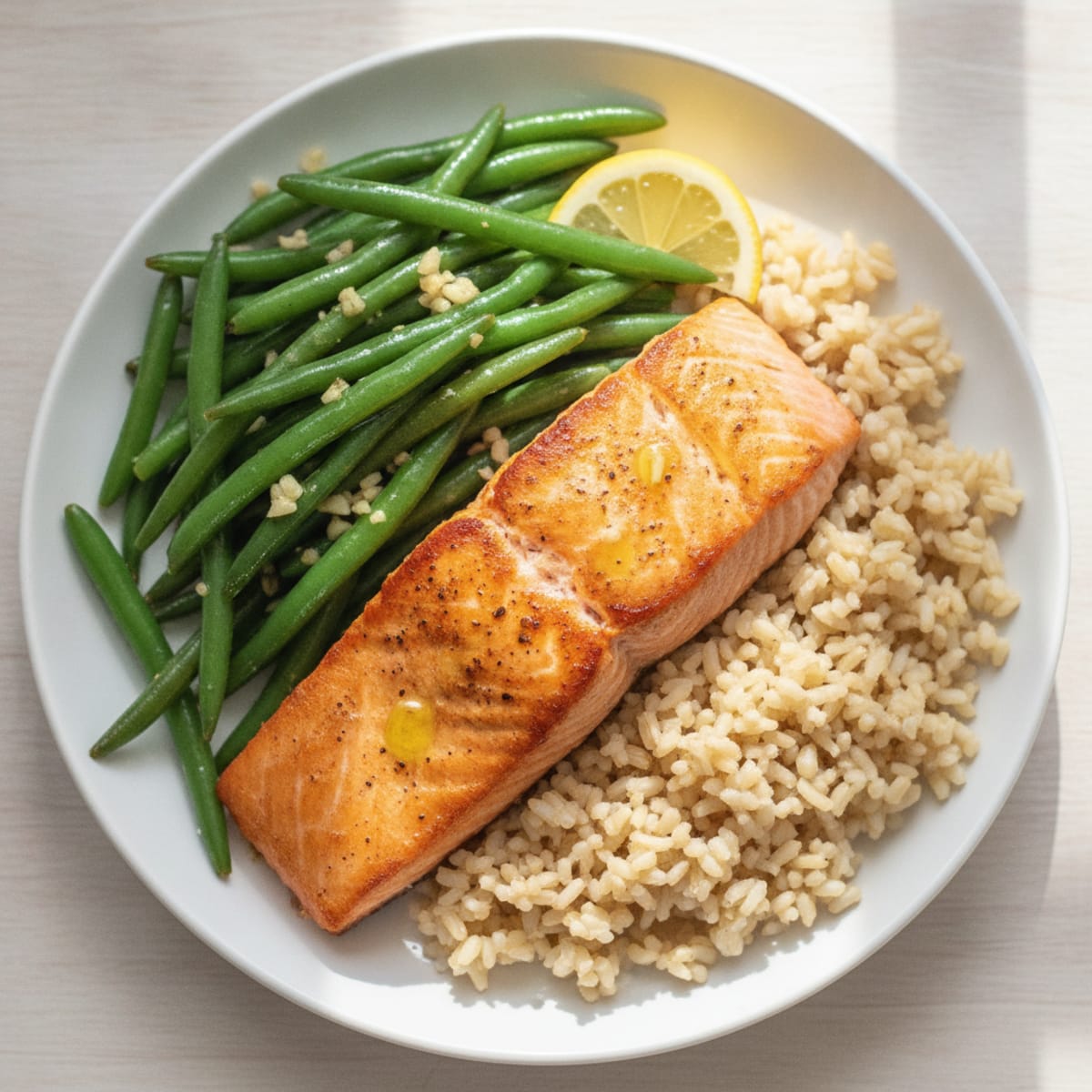Seared Salmon with Garlic Green Beans and Brown Rice