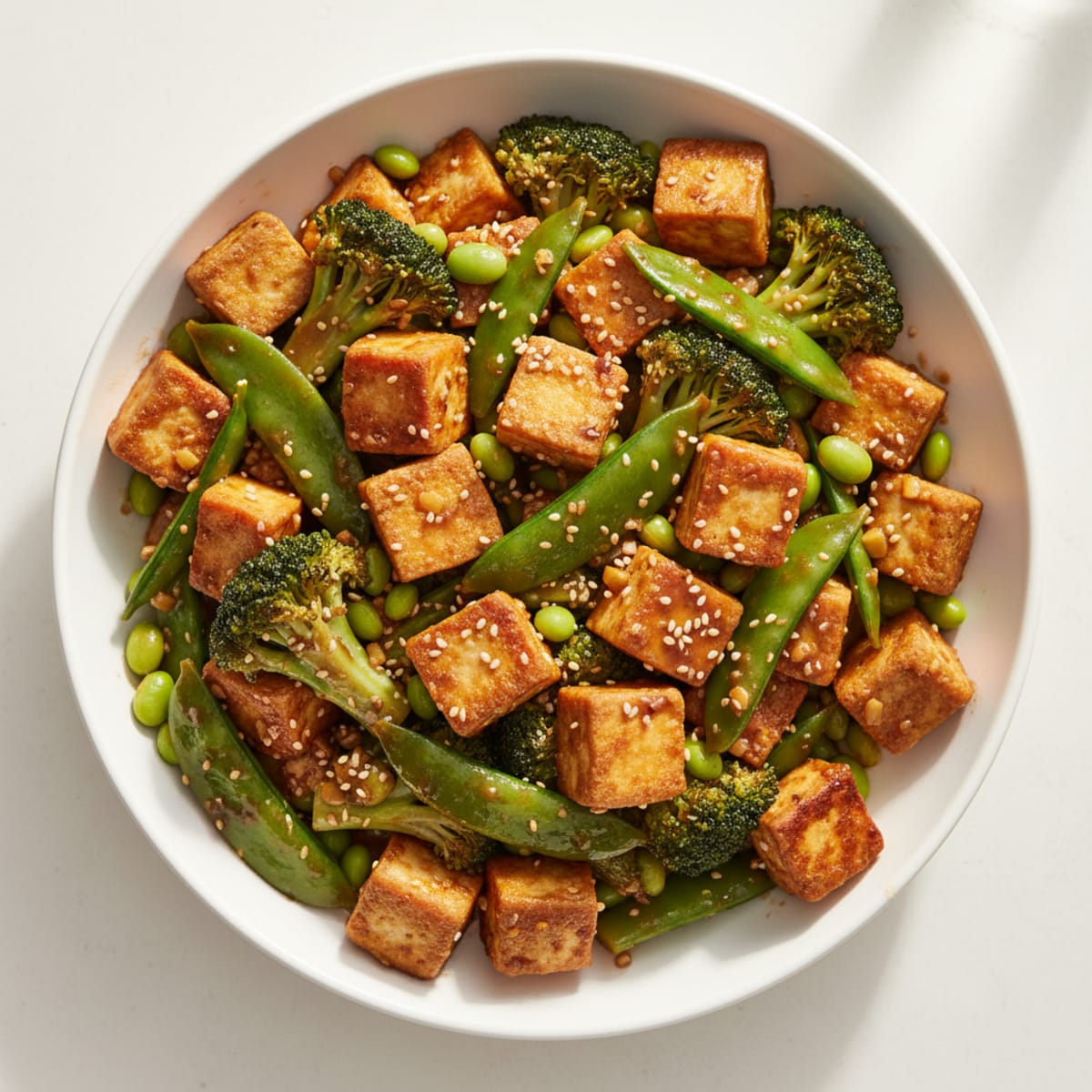 Crispy Tofu Stir-Fry with Broccoli and Snap Peas