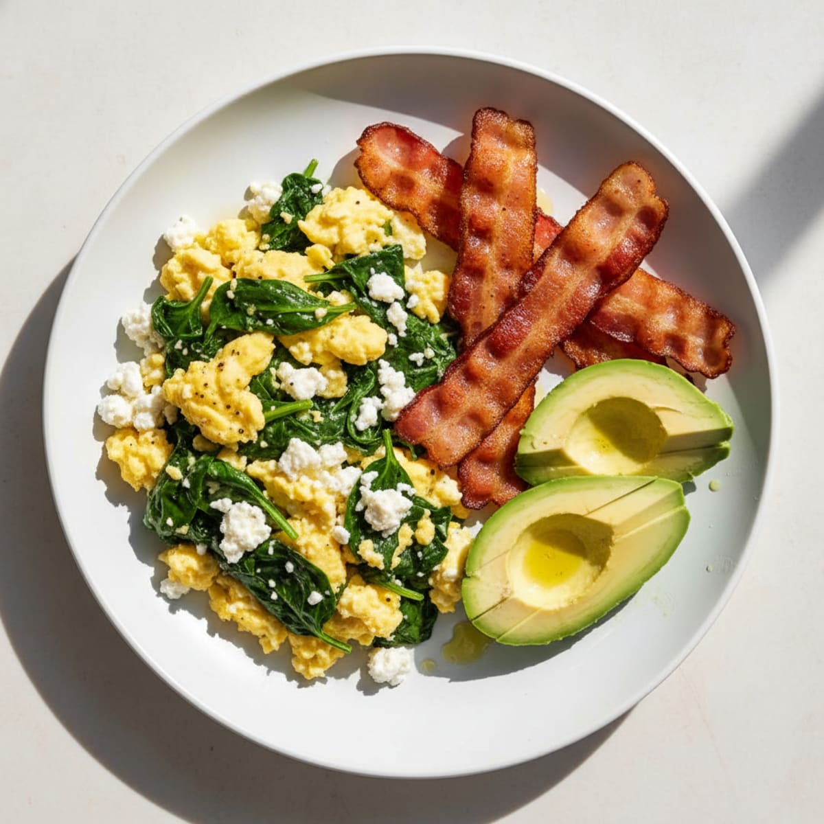 Cottage Cheese Egg Scramble with Spinach and Turkey Bacon
