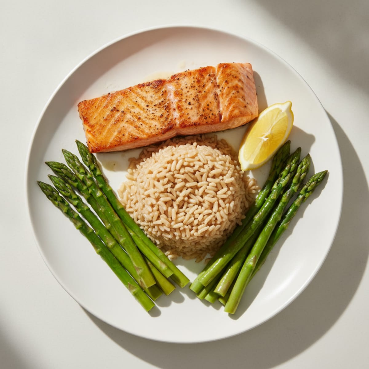 Seared Salmon Fillet with Steamed Asparagus and Brown Rice