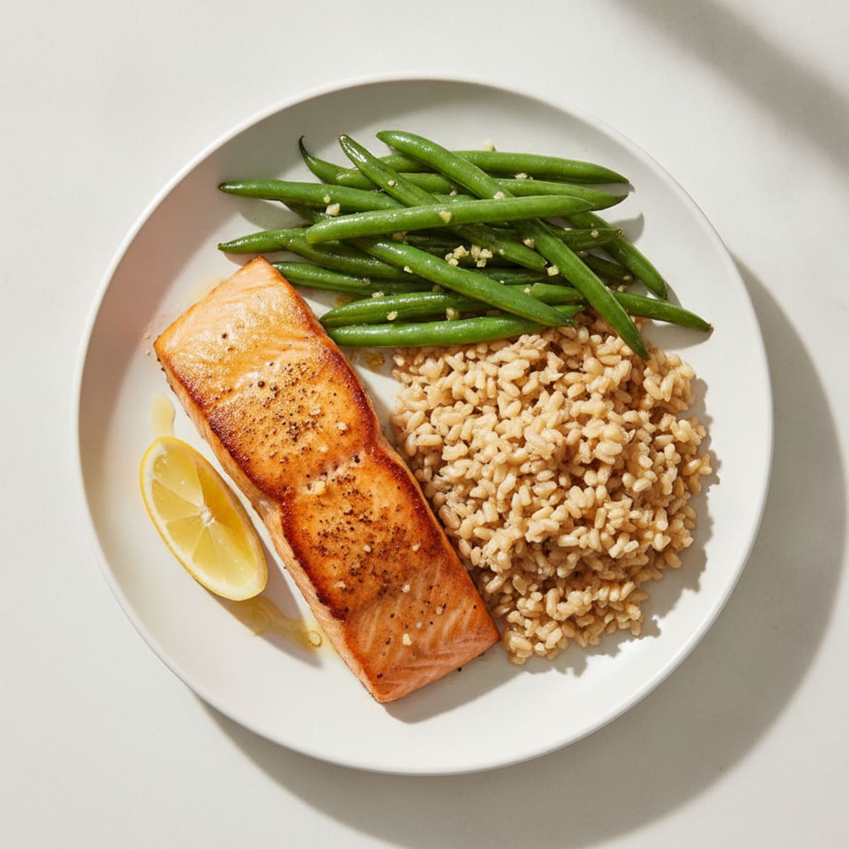 Seared Salmon with Garlic Green Beans and Brown Rice
