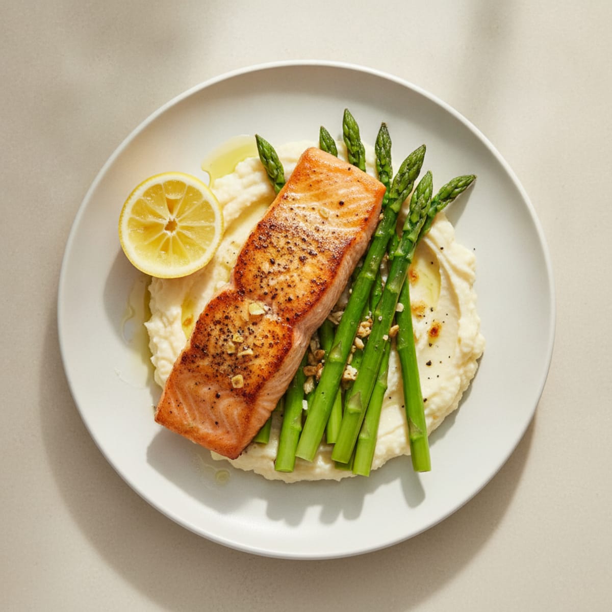 Seared Salmon with Steamed Asparagus and Cauliflower Mash