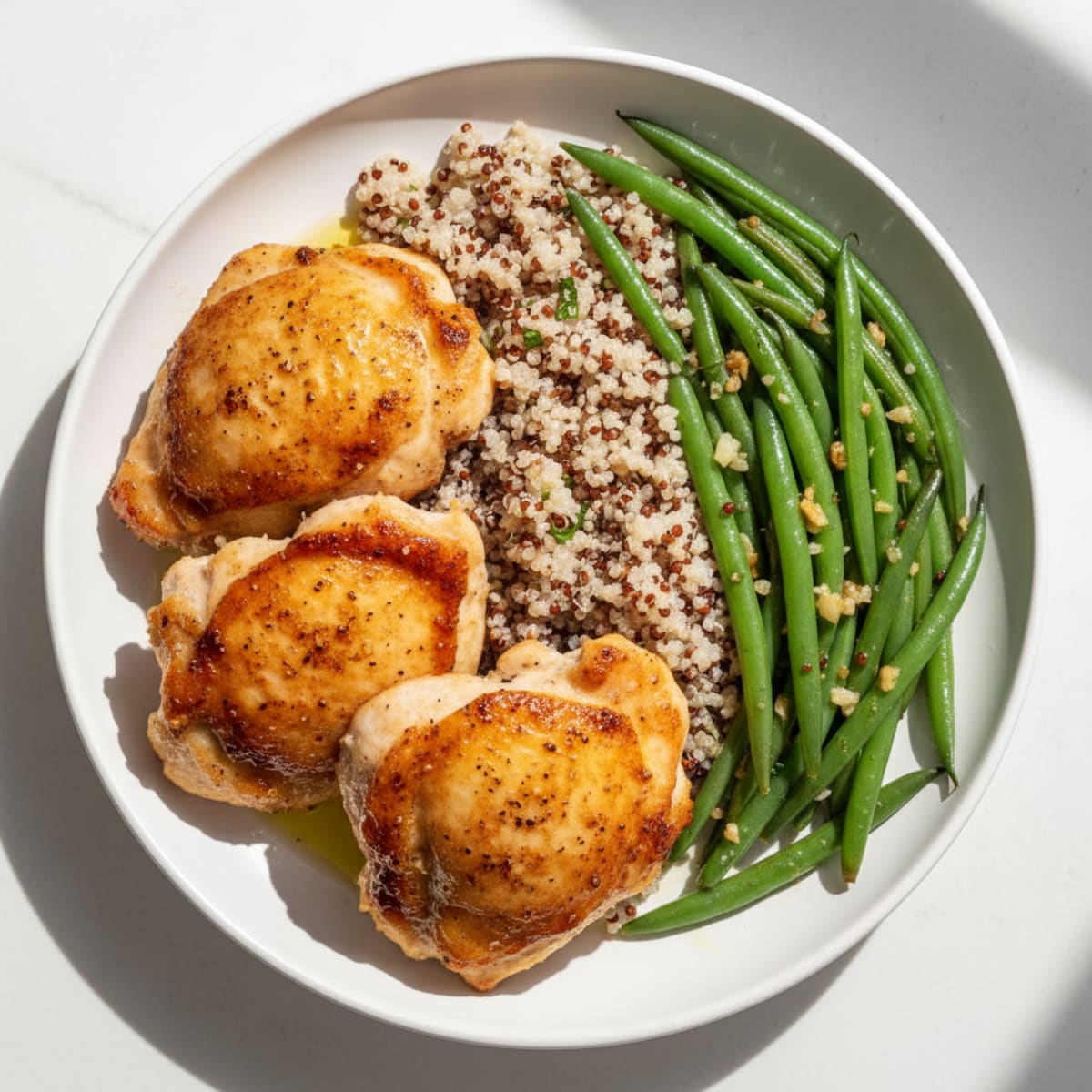 Seared Chicken Thighs with Garlic Green Beans and Quinoa