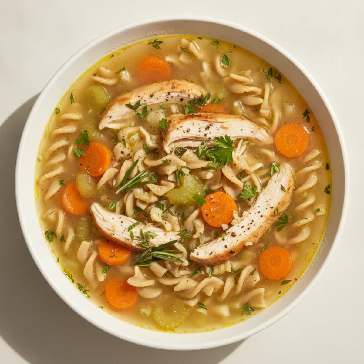 Shredded Chicken Noodle Soup with Herbs