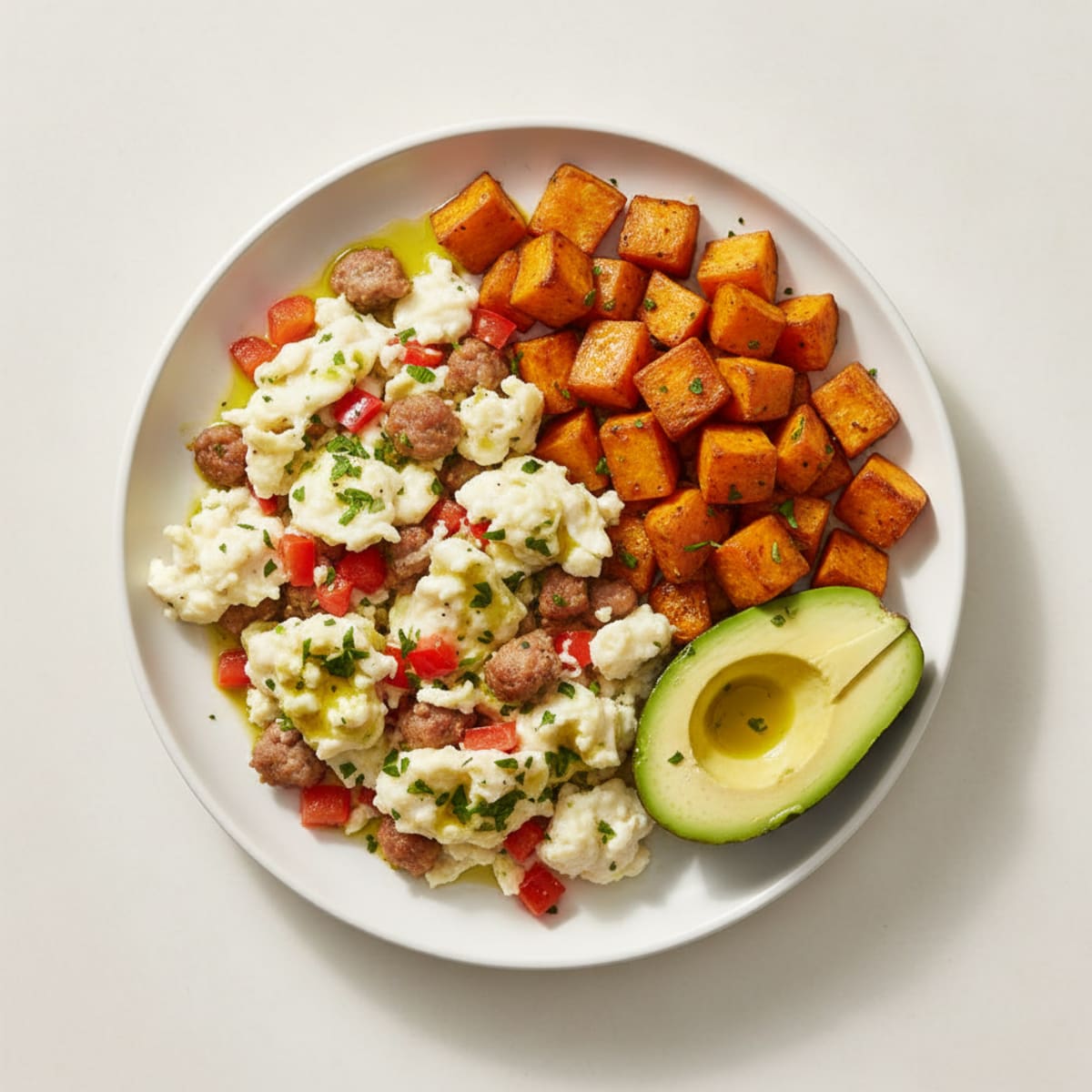 Egg White and Turkey Sausage Scramble with Roasted Sweet Potatoes