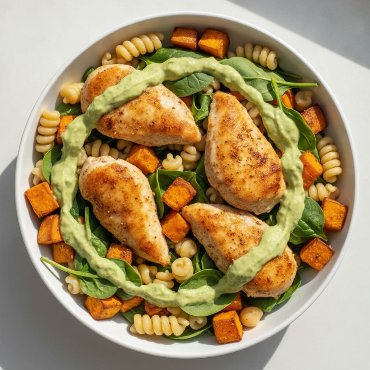 Chicken and Sweet Potato Bowl with Creamy Avocado Dressing