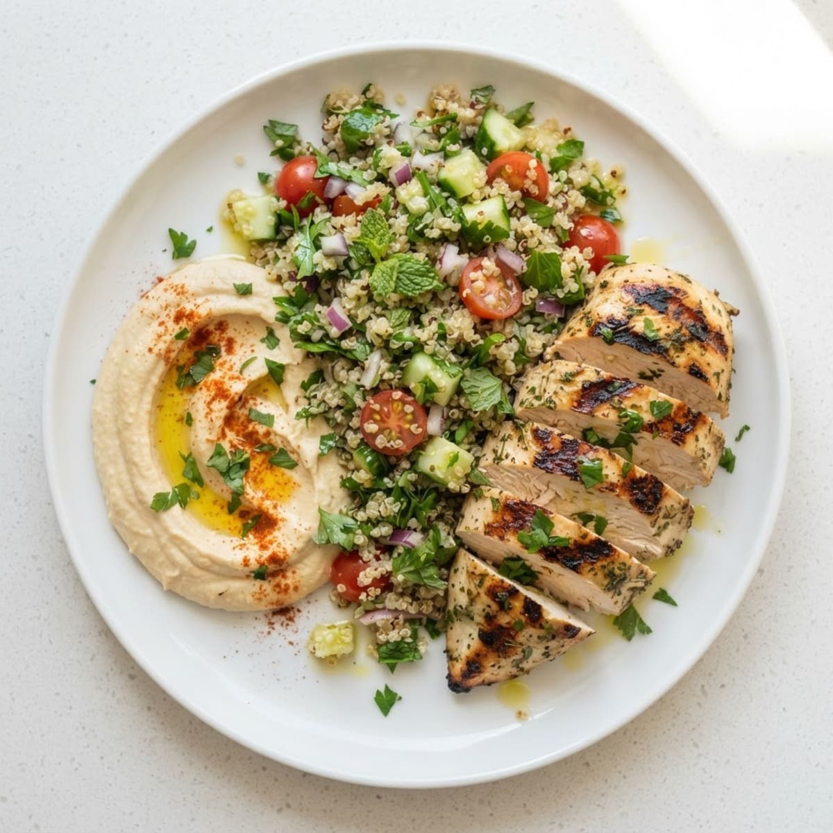 Grilled Chicken Breast with Quinoa Tabbouleh and Hummus