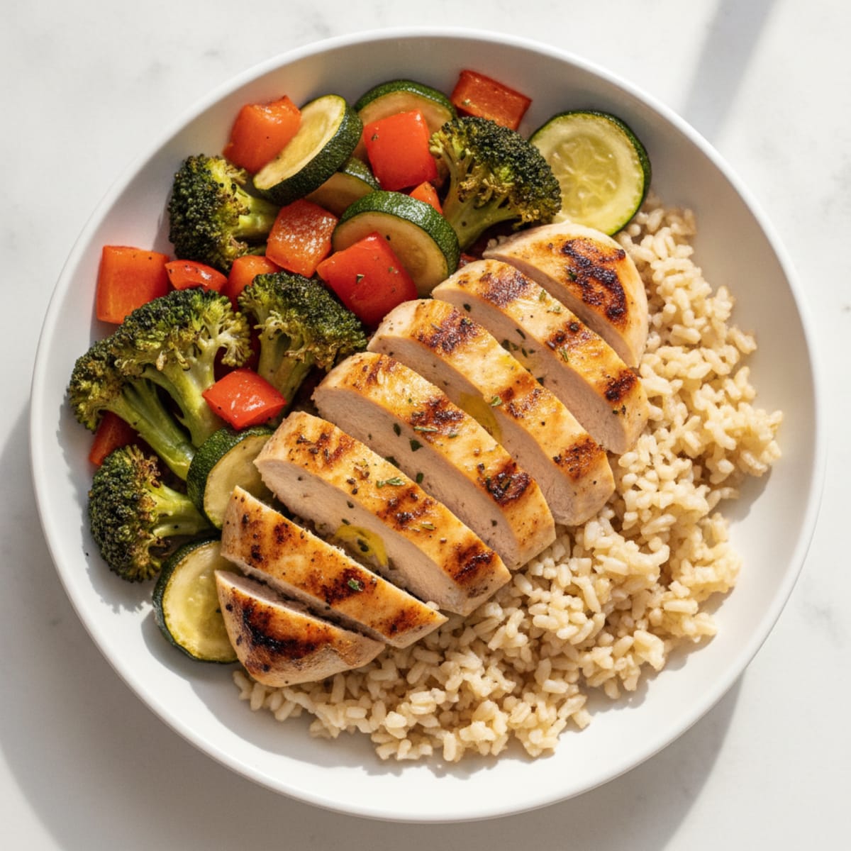 Grilled Chicken and Brown Rice Bowl with Roasted Vegetables
