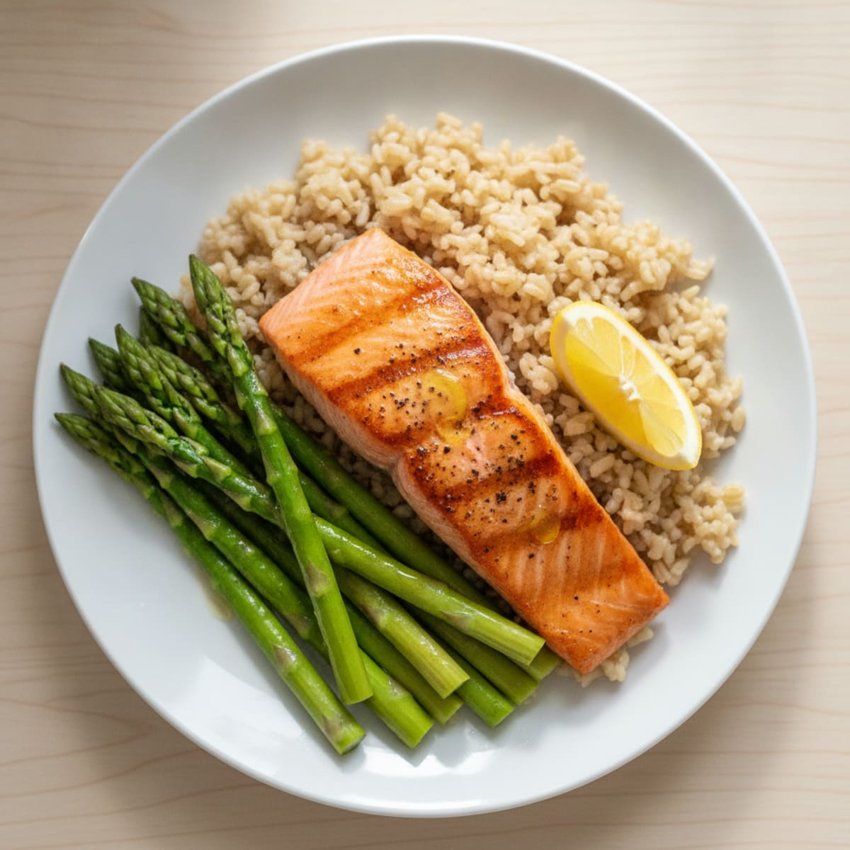 Seared Salmon Fillet with Steamed Asparagus and Brown Rice