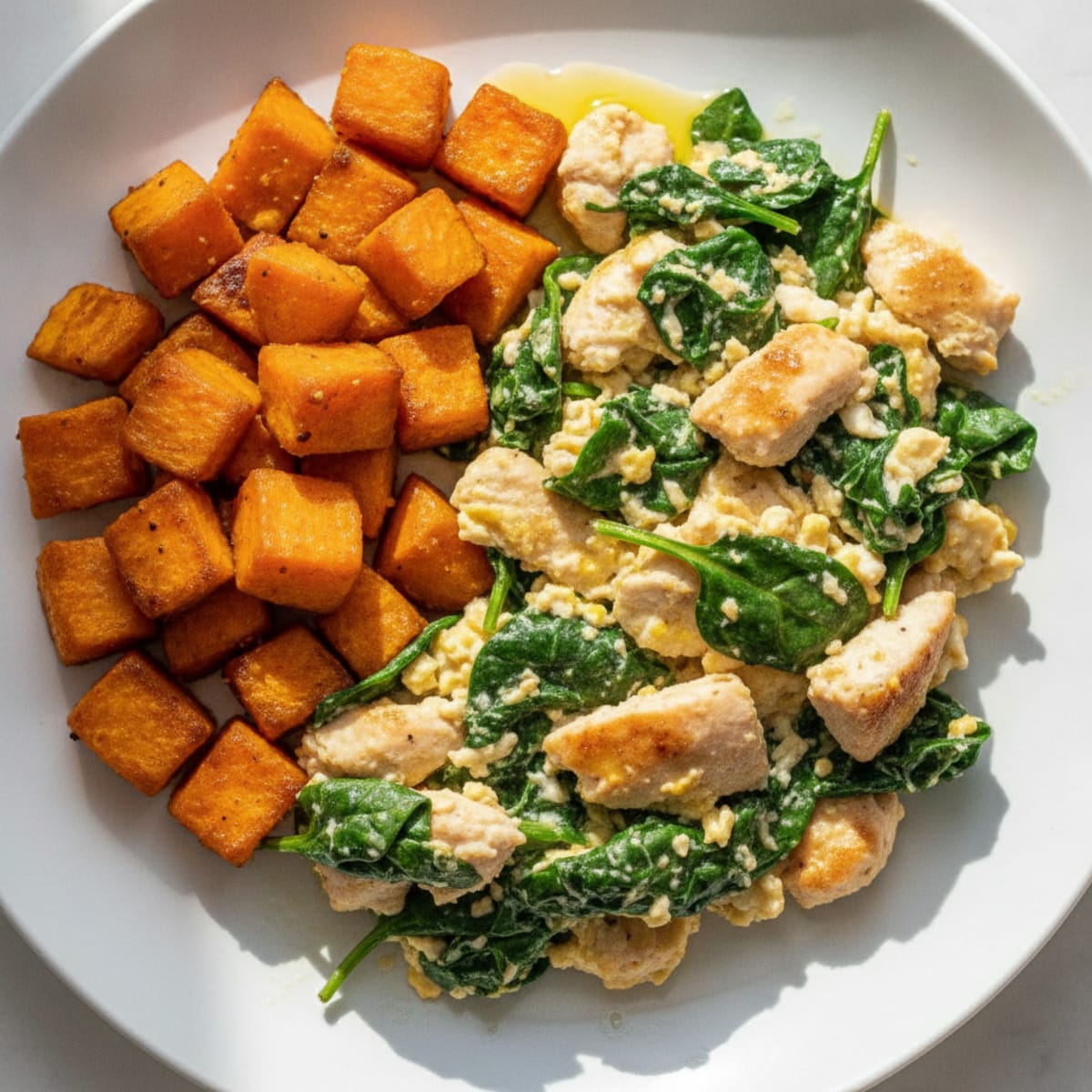 Chicken Egg White Scramble with Spinach and Roasted Sweet Potatoes