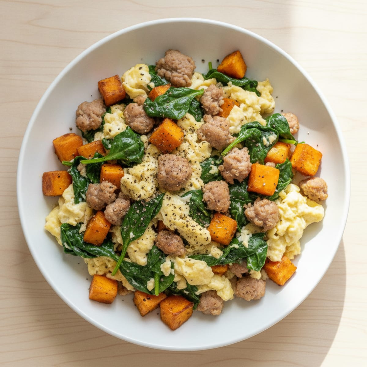 Egg White and Turkey Sausage Scramble with Spinach and Sweet Potato