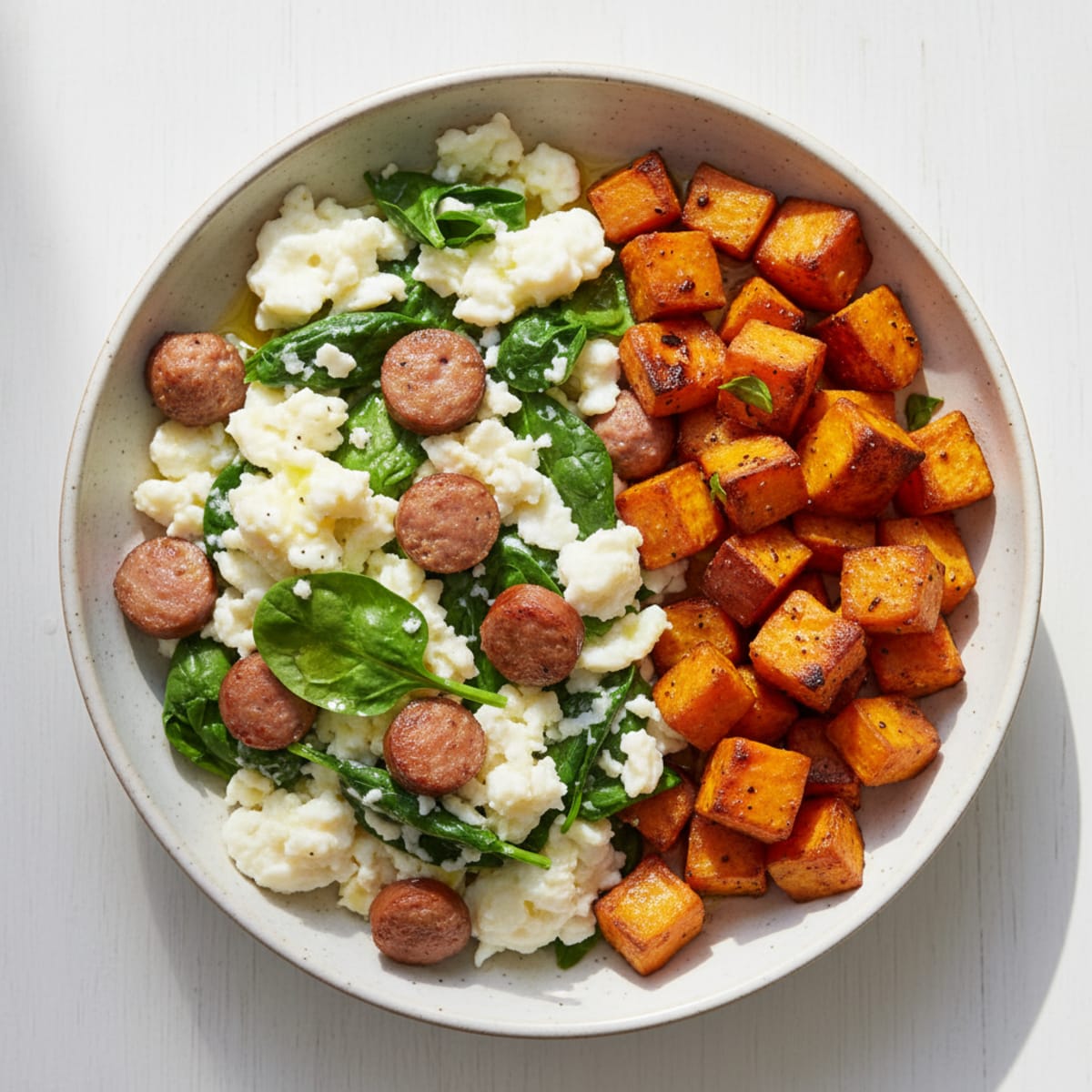 Egg White Spinach Scramble with Turkey Sausage and Roasted Sweet Potatoes