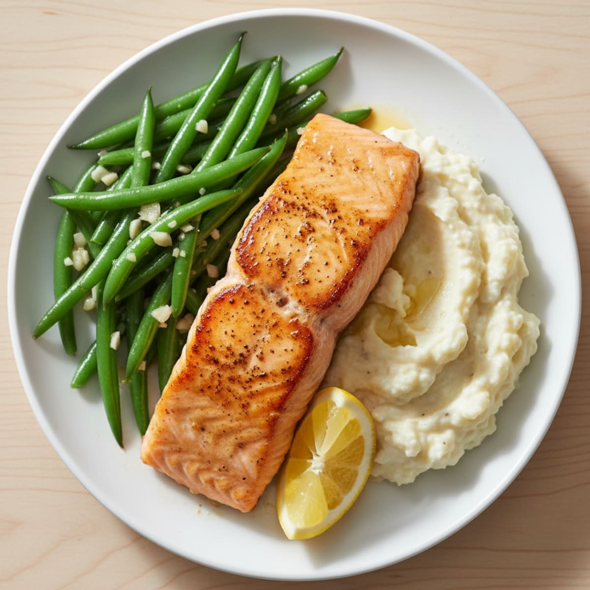 Seared Salmon Fillet with Garlic Green Beans and Cauliflower Mash