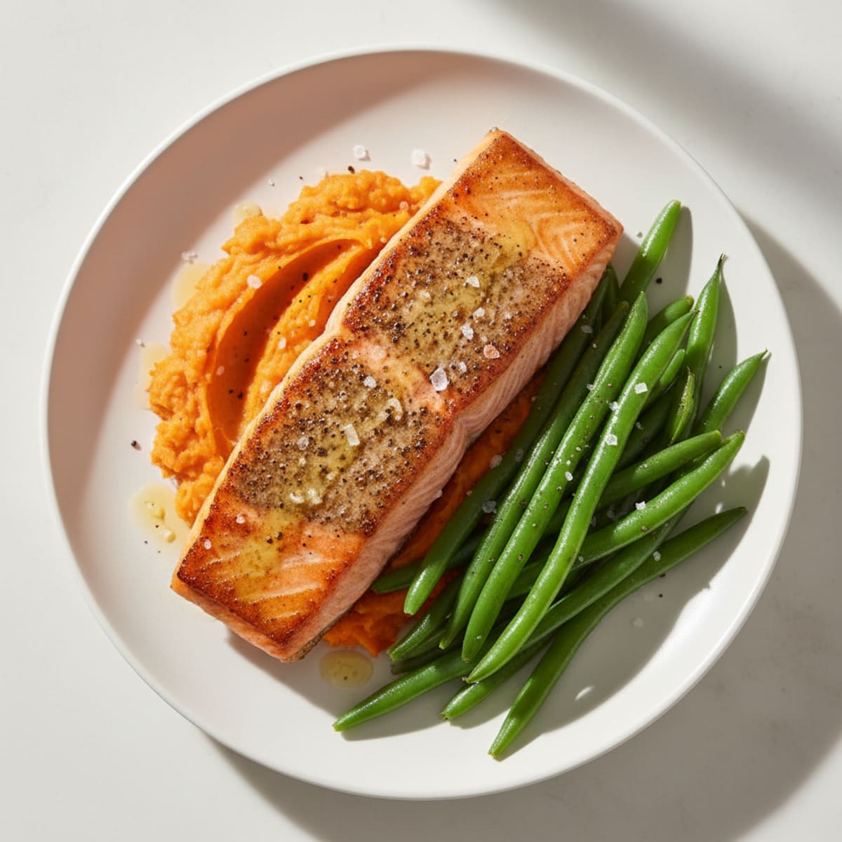Seared Salmon with Steamed Green Beans and Sweet Potato Mash