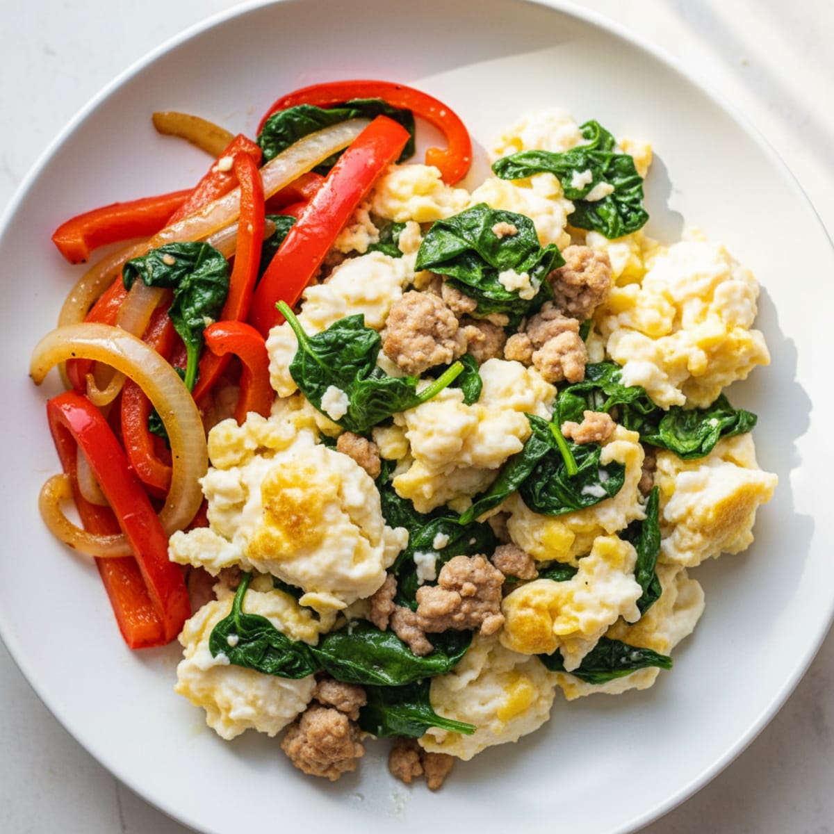 Egg White and Turkey Spinach Scramble with Sautéed Peppers