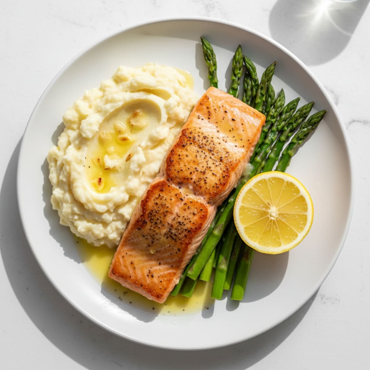 Seared Salmon Fillet with Steamed Asparagus and Garlic Mashed Cauliflower