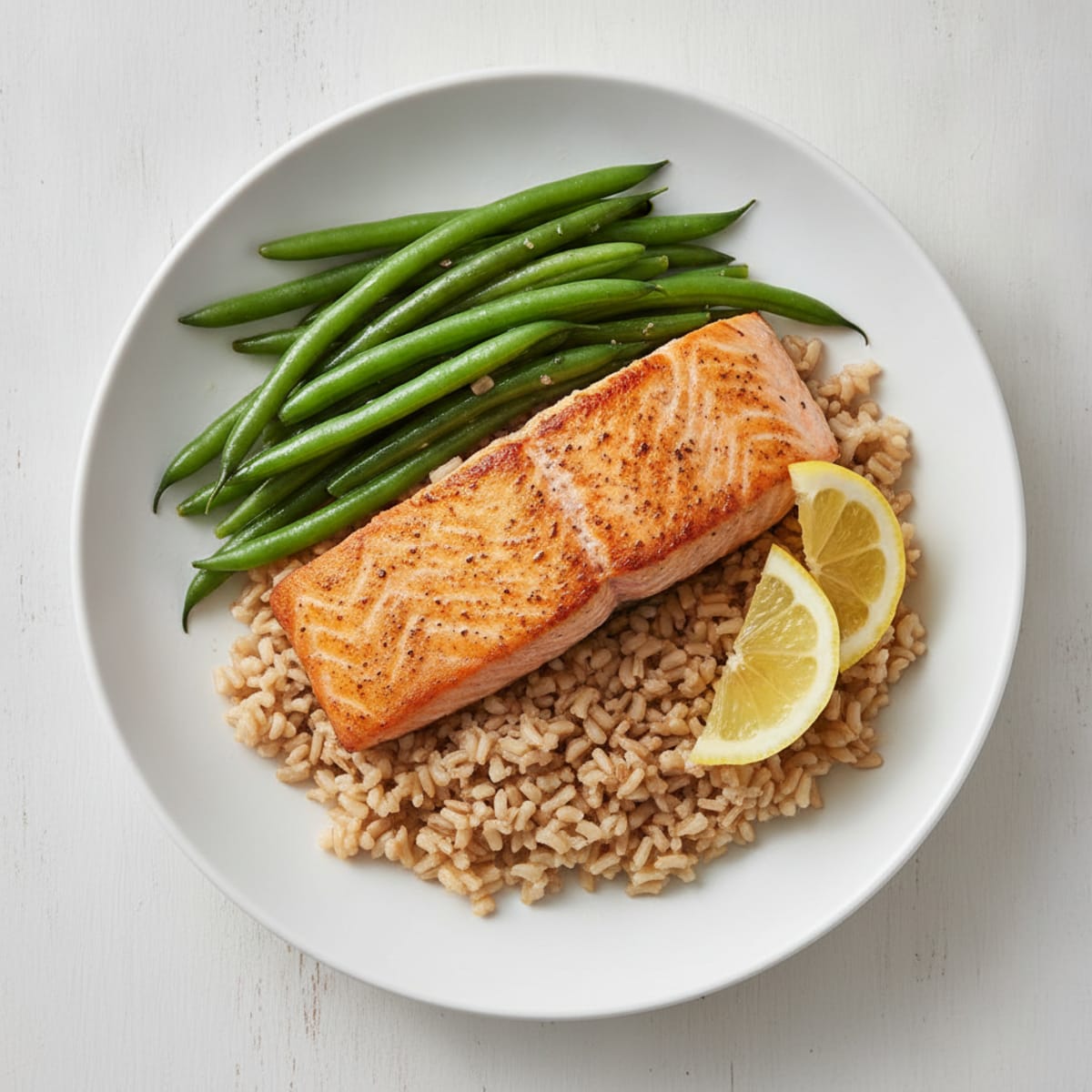 Seared Salmon with Steamed Green Beans and Brown Rice
