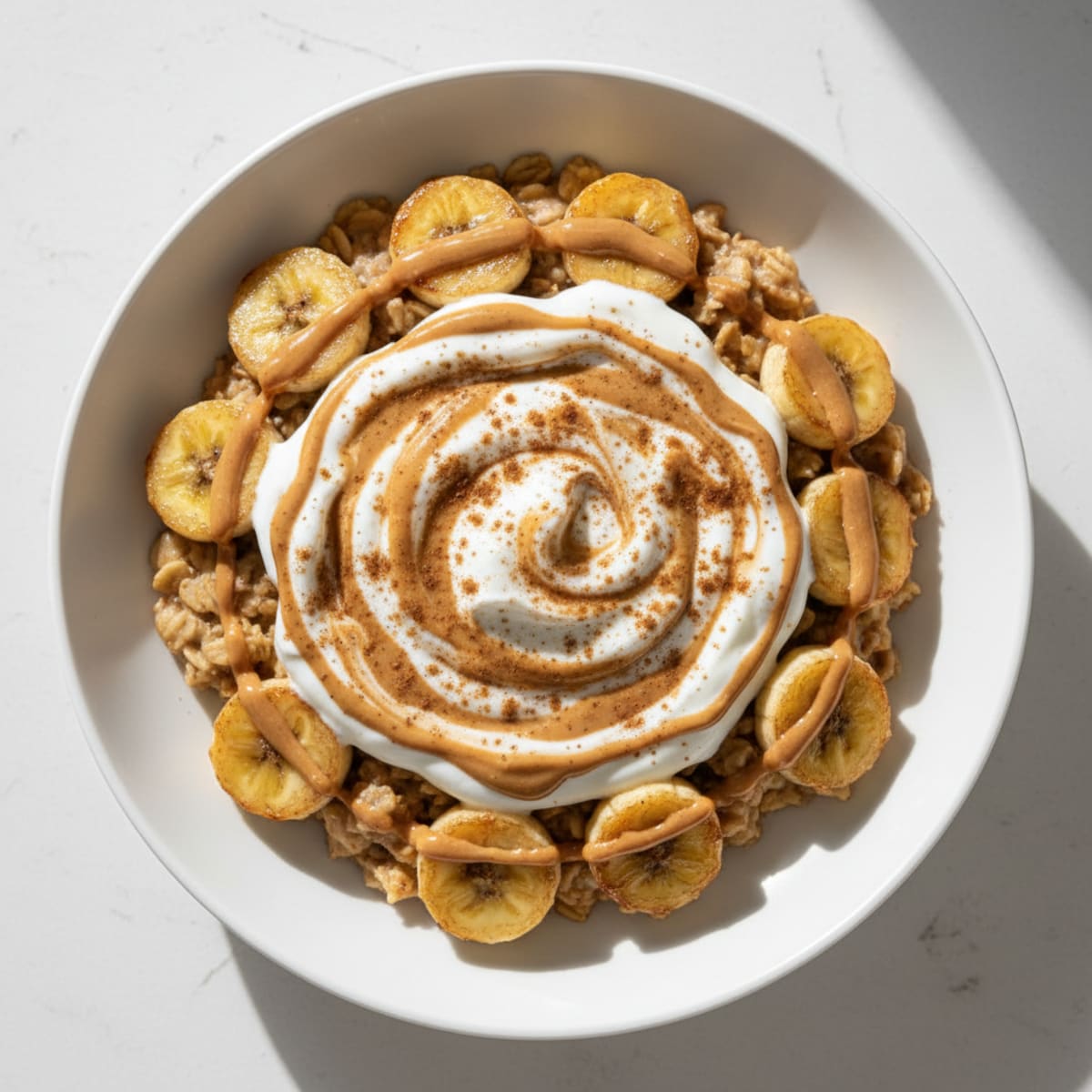 Peanut Butter Banana Oatmeal with Greek Yogurt Swirl