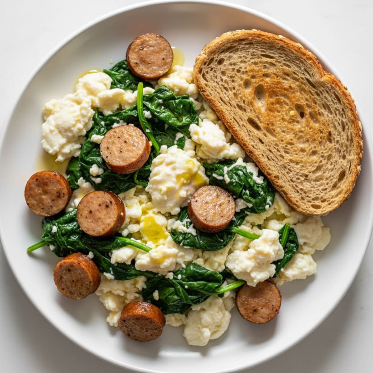 Egg White Scramble with Turkey Sausage and Sautéed Spinach