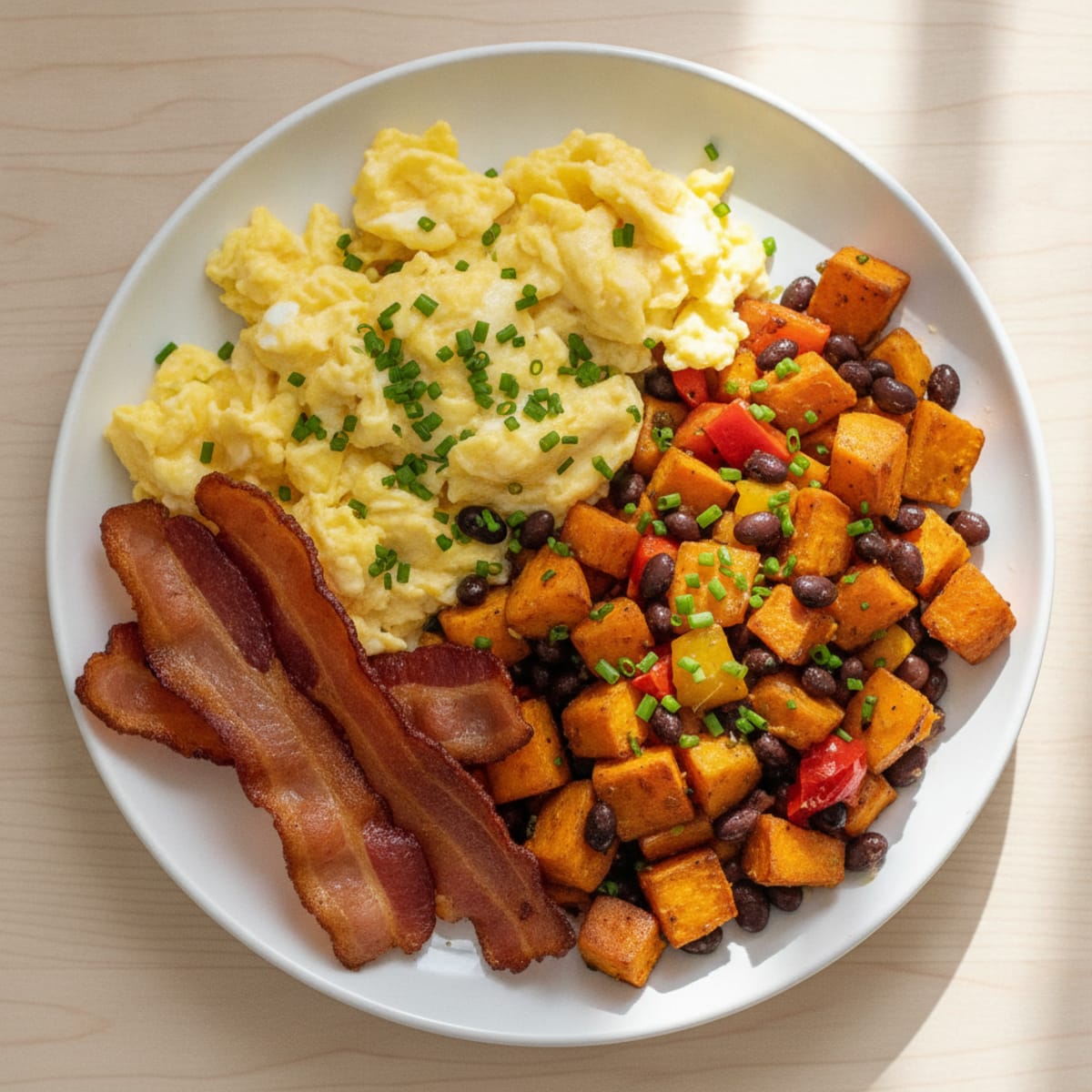 Scrambled Eggs with Turkey Bacon and Sautéed Peppers