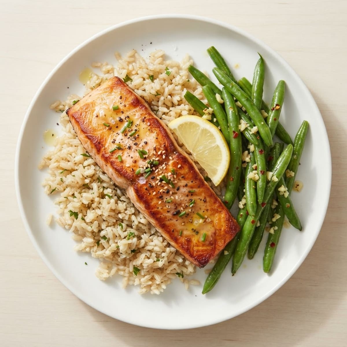 Seared Salmon with Garlic Green Beans and Brown Rice