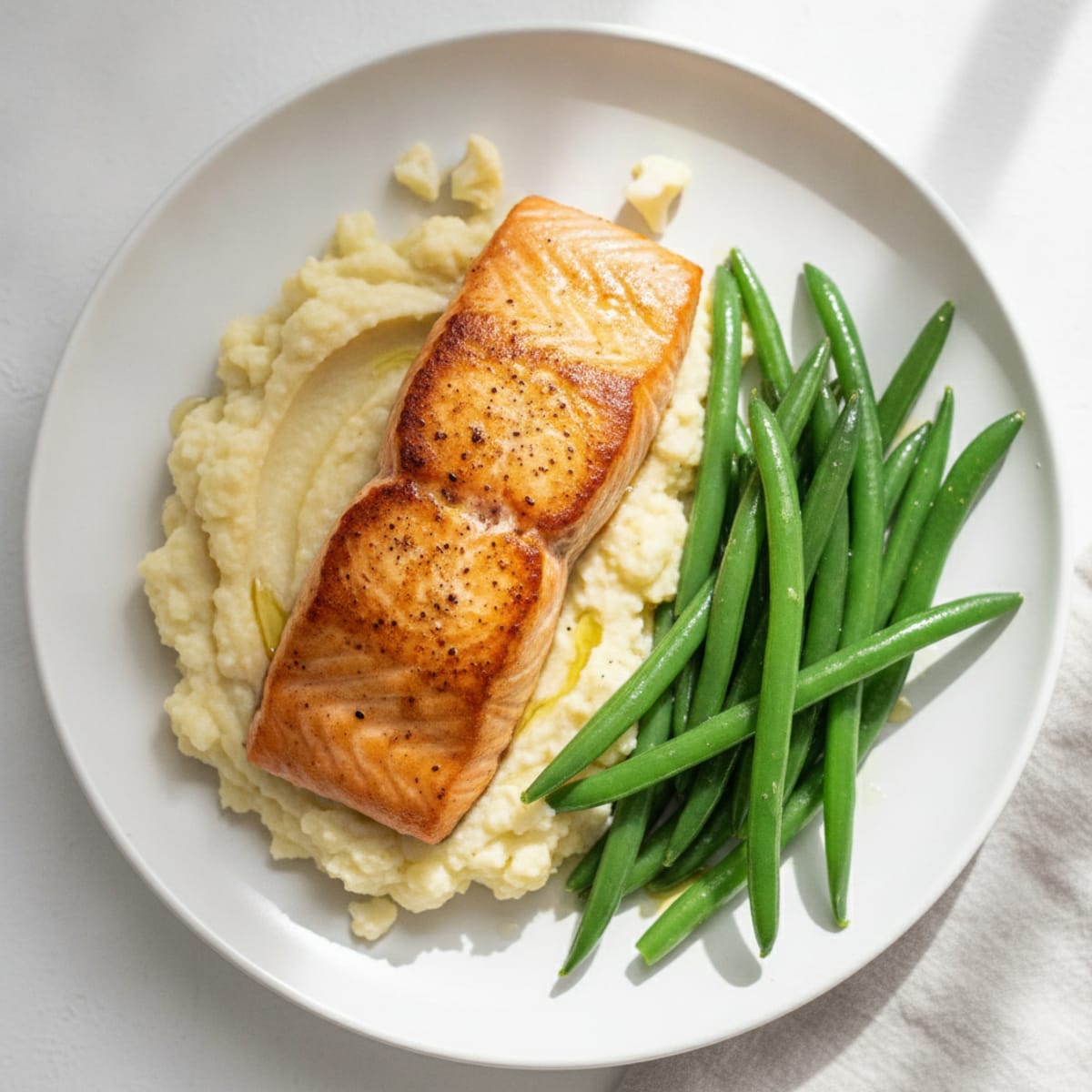 Seared Salmon with Steamed Green Beans and Garlic Cauliflower Mash