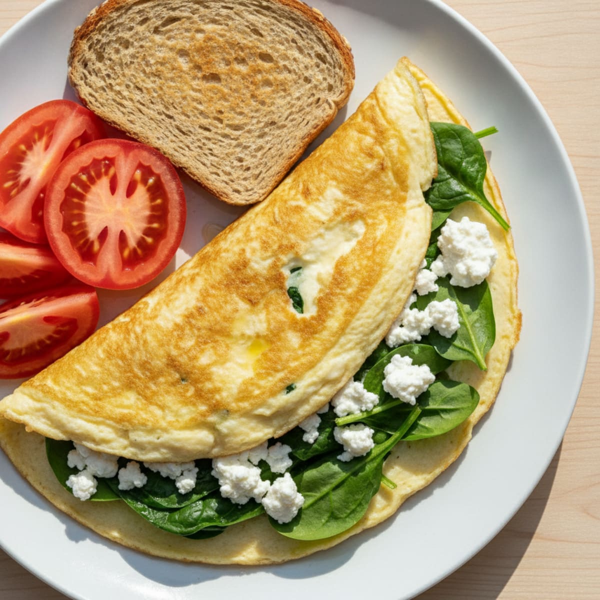 Egg White Spinach Omelette with Cottage Cheese and Sliced Tomatoes