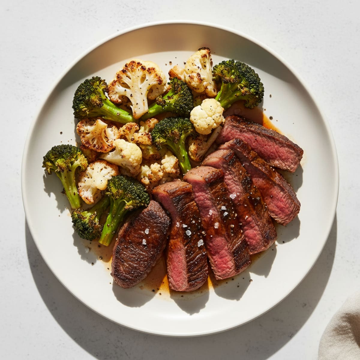 Seared Lean Beef Strips with Roasted Broccoli and Cauliflower