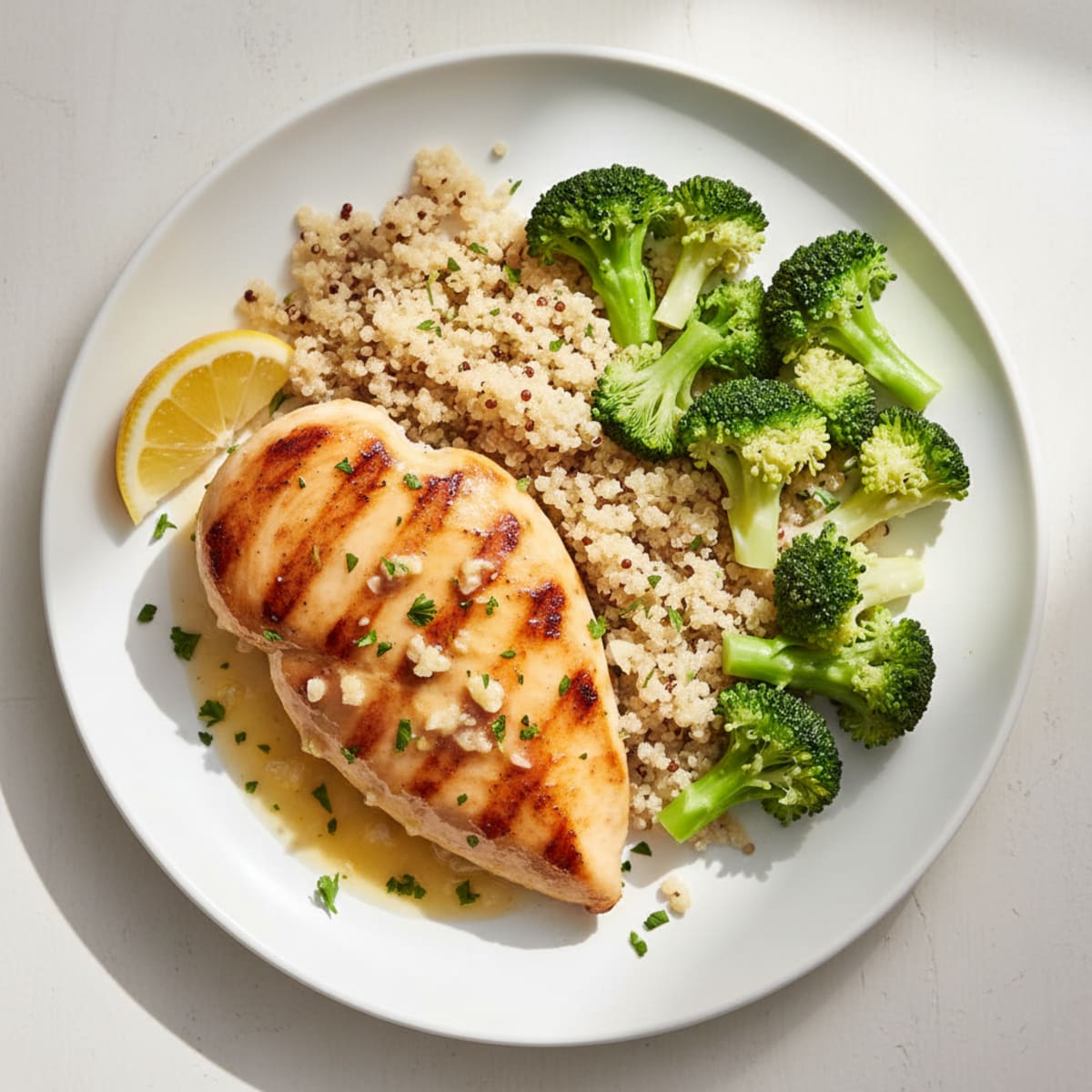 Grilled Lemon Garlic Chicken Breast with Steamed Broccoli and Quinoa