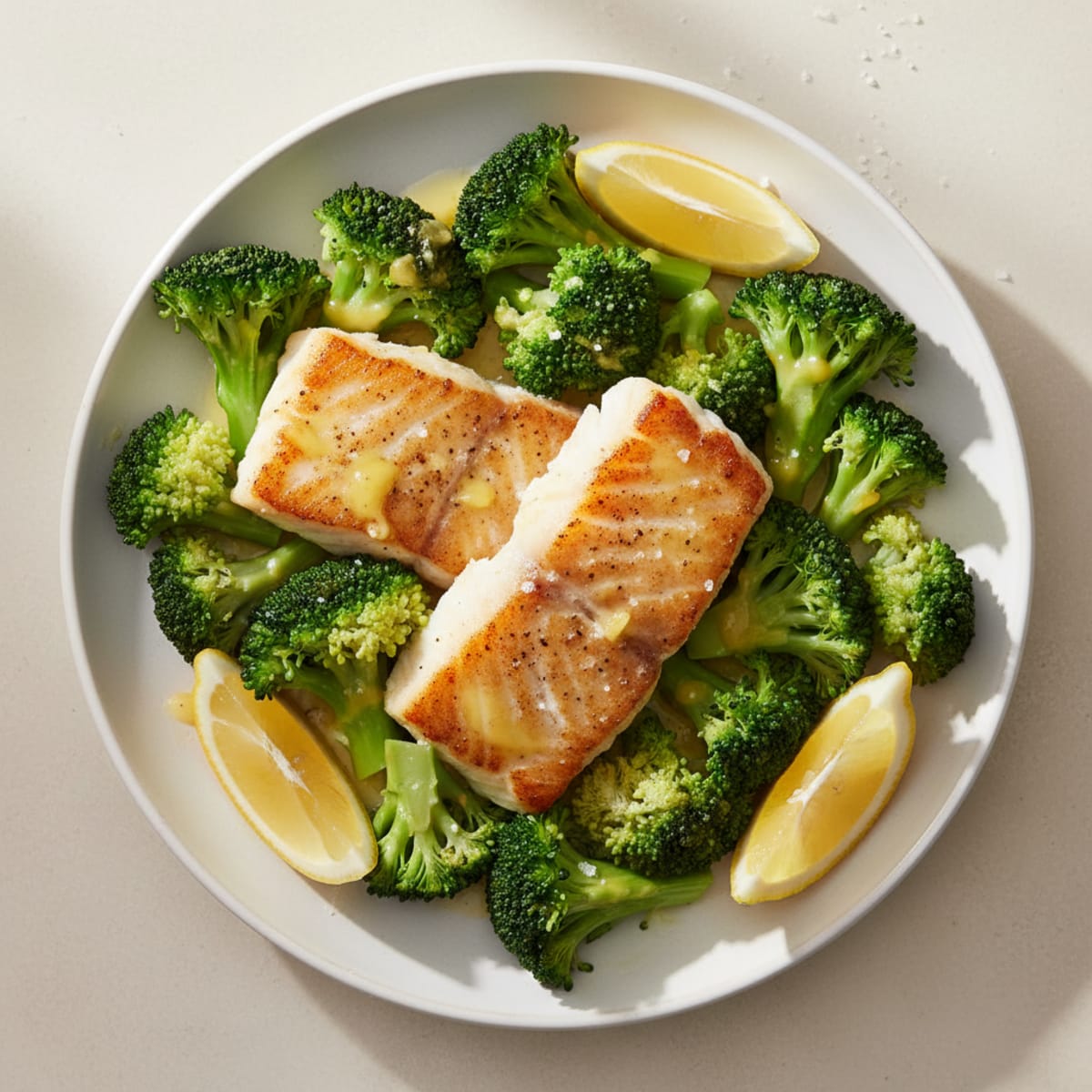 Seared Cod with Steamed Broccoli and Lemon