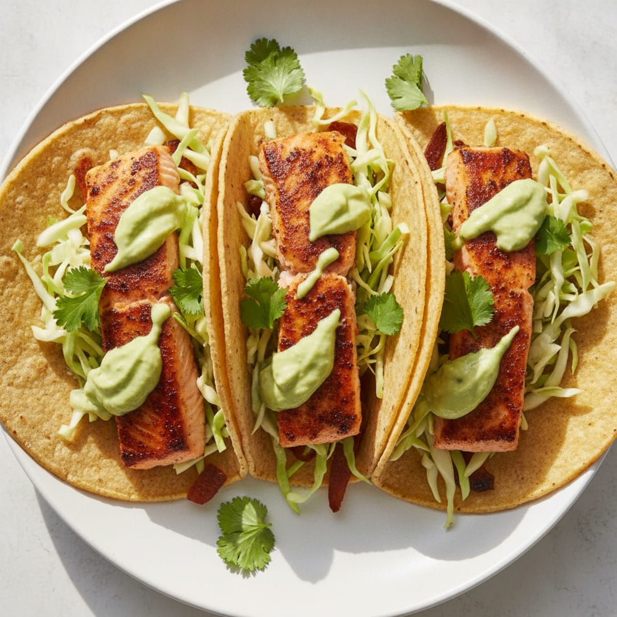 Pan-Seared Salmon Tacos with Avocado Crema