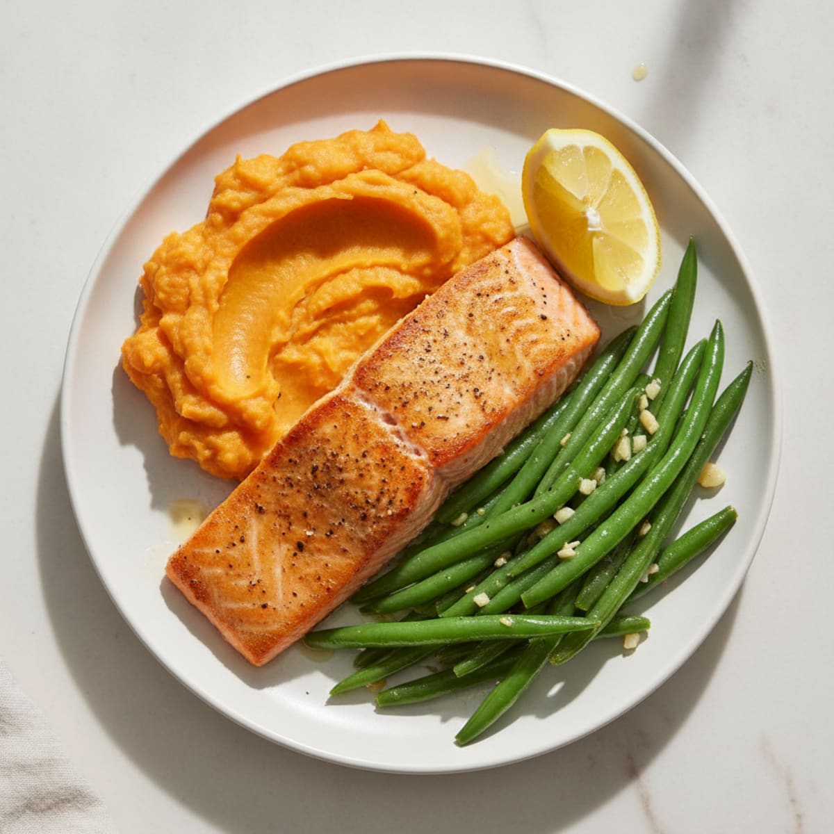 Seared Salmon with Garlic Green Beans and Sweet Potato Mash