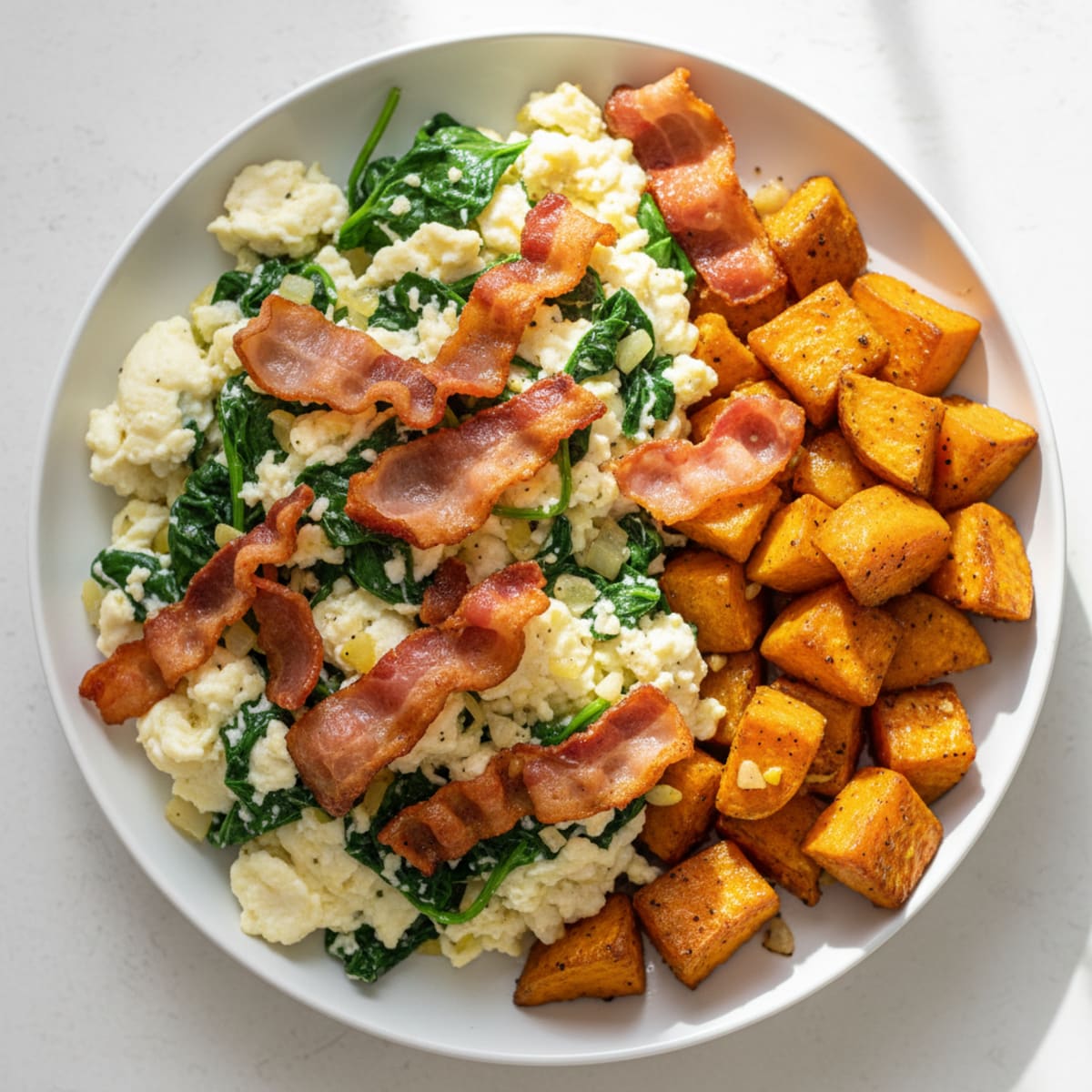 Crispy Turkey Bacon and Spinach Egg White Scramble with Roasted Sweet Potatoes