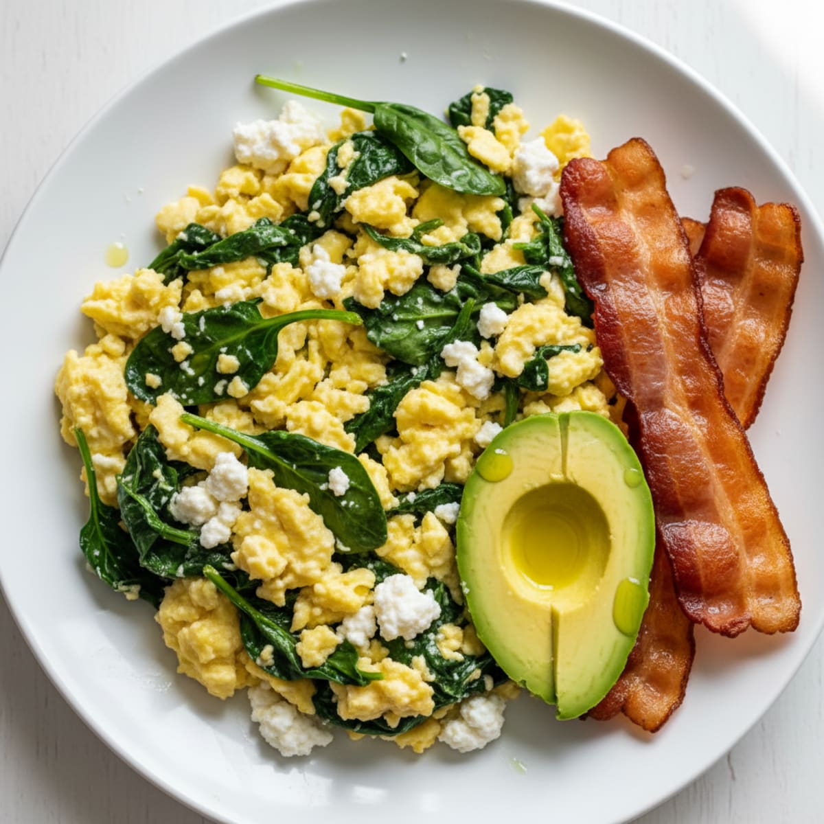 Cottage Cheese Egg Scramble with Spinach and Turkey Bacon