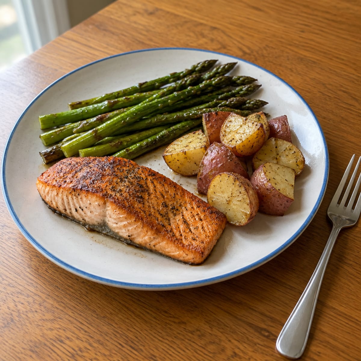 Seared salmon with roasted asparagus