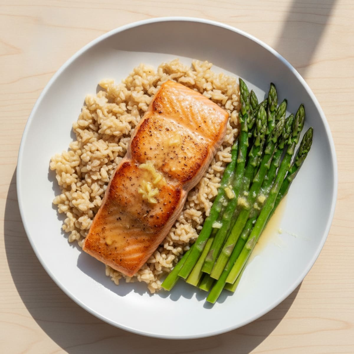 Seared Salmon Fillet with Steamed Asparagus and Brown Rice